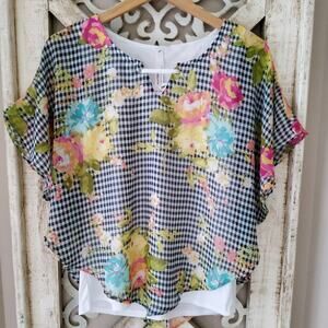 NY Collection Women's Small Short Sleeve Cape Flowy Blouse Gingham Floral